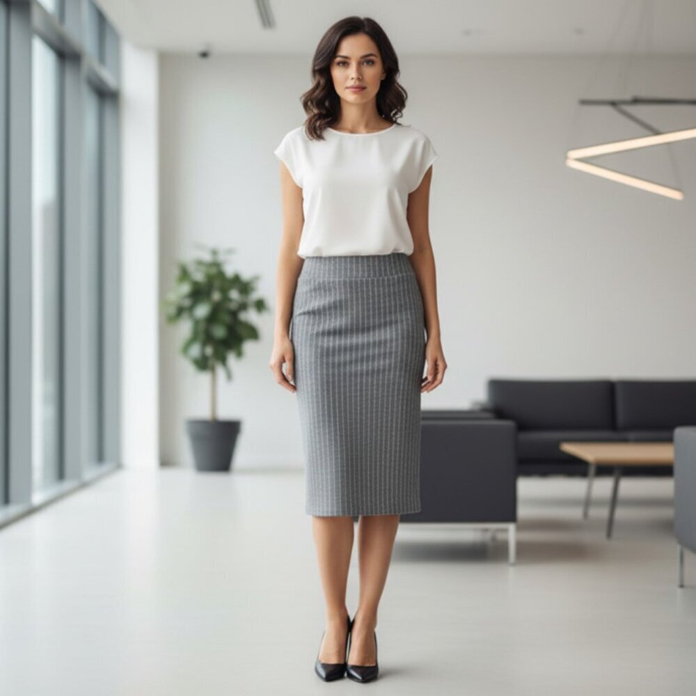 Baccini Gray White Striped Pencil Skirt Size L